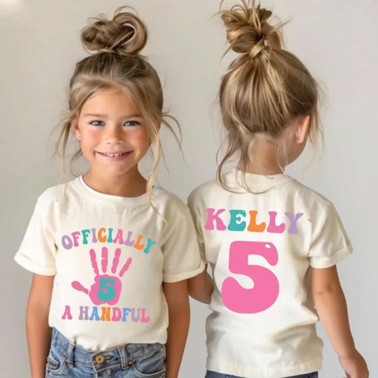 Personalized Officially a Handful Kids T-Shirt with Colorful Handprint and Name for a Fun Birthday Celebration
