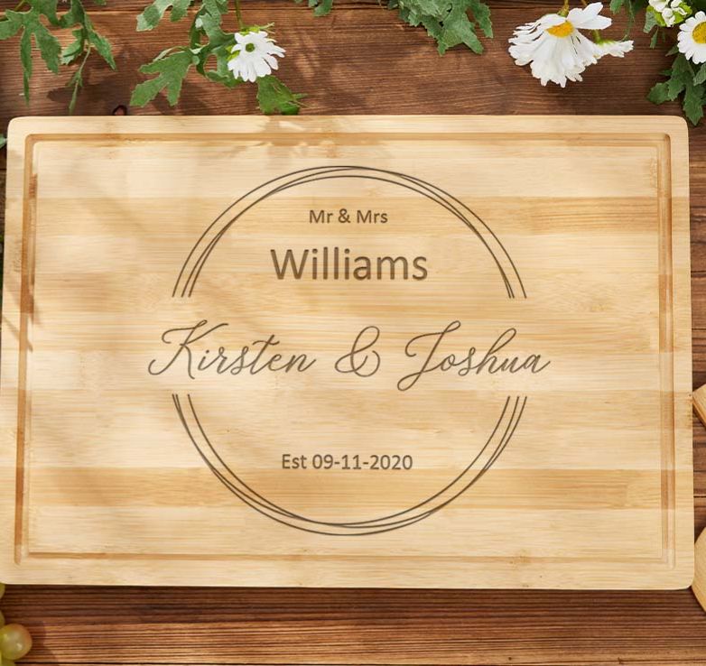 Personalized Mr. and Mrs. Bamboo Cutting Board Couple Wooden Anniversary Cutting Board Husband Wife Elegant Circle Design Cutting Board