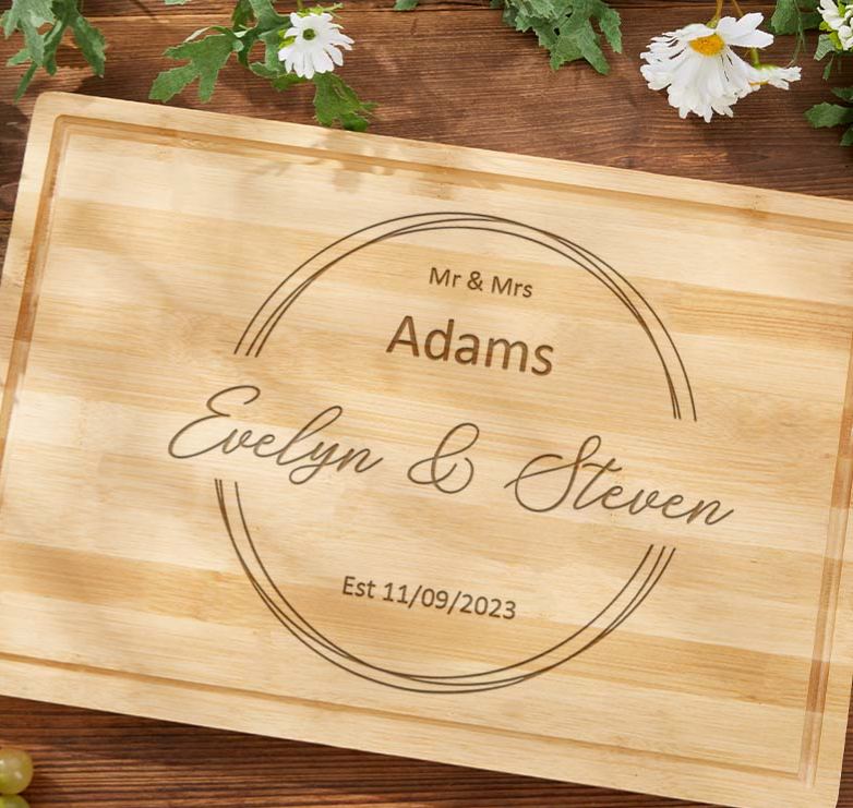 Personalized Mr. and Mrs. Bamboo Cutting Board Couple Wooden Anniversary Cutting Board Husband Wife Elegant Circle Design Cutting Board