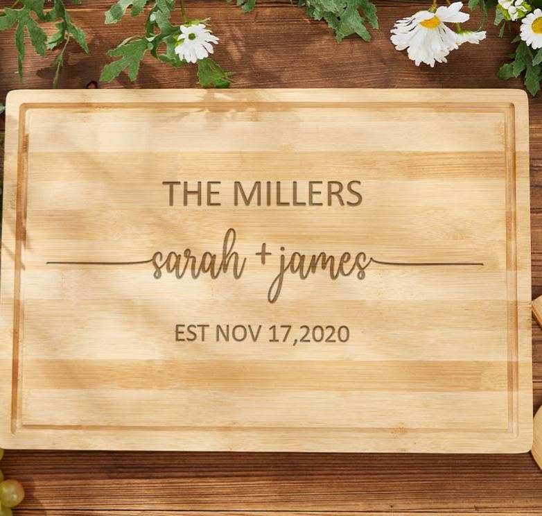 Personalized Newlyweds Anniversary Bamboo Cutting Board Couple Wooden Anniversary Cutting Board Husband Wife Modern Name Design Cutting Board