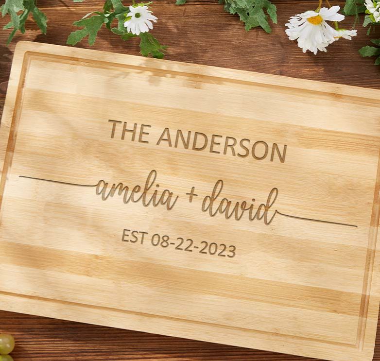 Personalized Newlyweds Anniversary Bamboo Cutting Board Couple Wooden Anniversary Cutting Board Husband Wife Modern Name Design Cutting Board