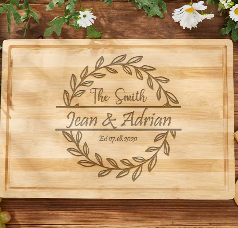 Personalized Bamboo Cutting Board Couple Wooden Anniversary Cutting Board Laurel Wreath Design Cutting Board for Husband Wife