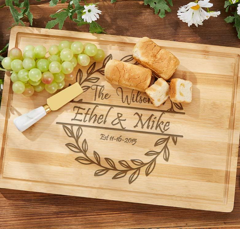 Personalized Bamboo Cutting Board Couple Wooden Anniversary Cutting Board Laurel Wreath Design Cutting Board for Husband Wife