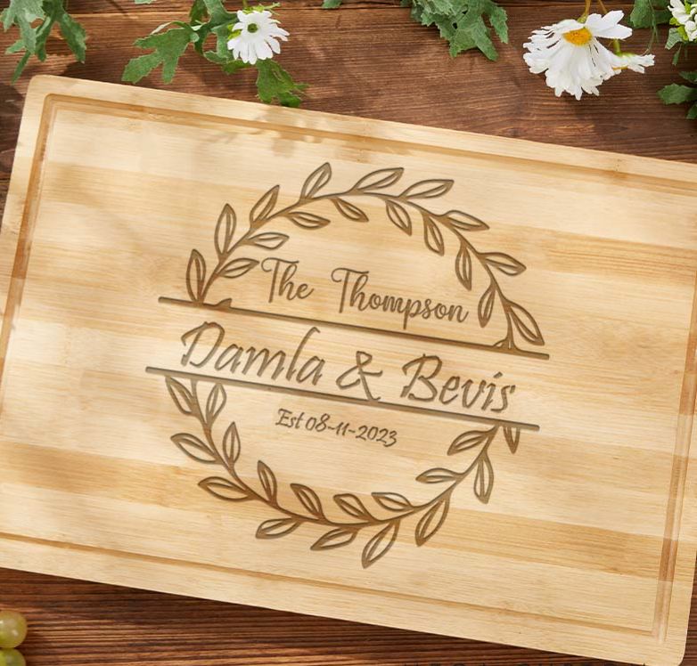 Personalized Bamboo Cutting Board Couple Wooden Anniversary Cutting Board Laurel Wreath Design Cutting Board for Husband Wife