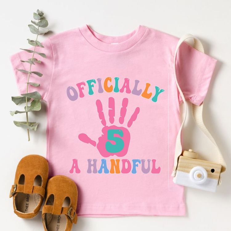 Personalized Officially a Handful Kids T-Shirt with Colorful Handprint and Name for a Fun Birthday Celebration
