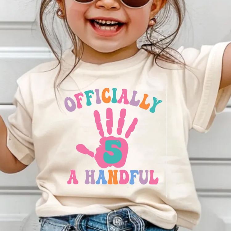 Personalized Officially a Handful Kids T-Shirt with Colorful Handprint and Name for a Fun Birthday Celebration