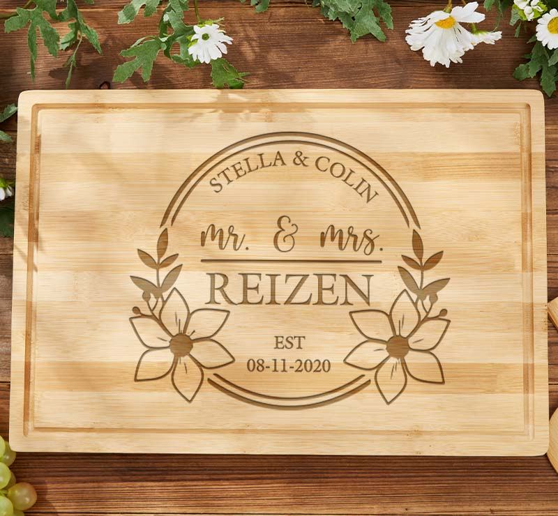 Personalized Floral Mr. and Mrs. Couple Bamboo Cutting Board Husband Wife Wooden Anniversary Cutting Board Couple Anniversary Gift for Her Him