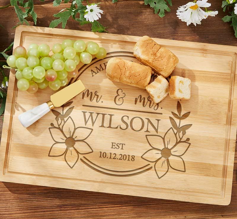 Personalized Floral Mr. and Mrs. Couple Bamboo Cutting Board Husband Wife Wooden Anniversary Cutting Board Couple Anniversary Gift for Her Him