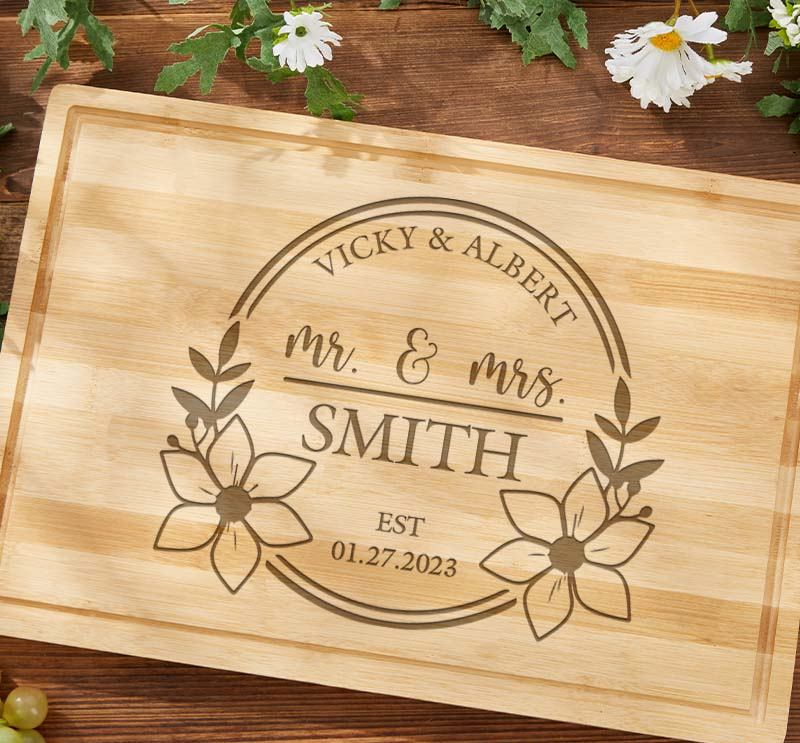 Personalized Floral Mr. and Mrs. Couple Bamboo Cutting Board Husband Wife Wooden Anniversary Cutting Board Couple Anniversary Gift for Her Him