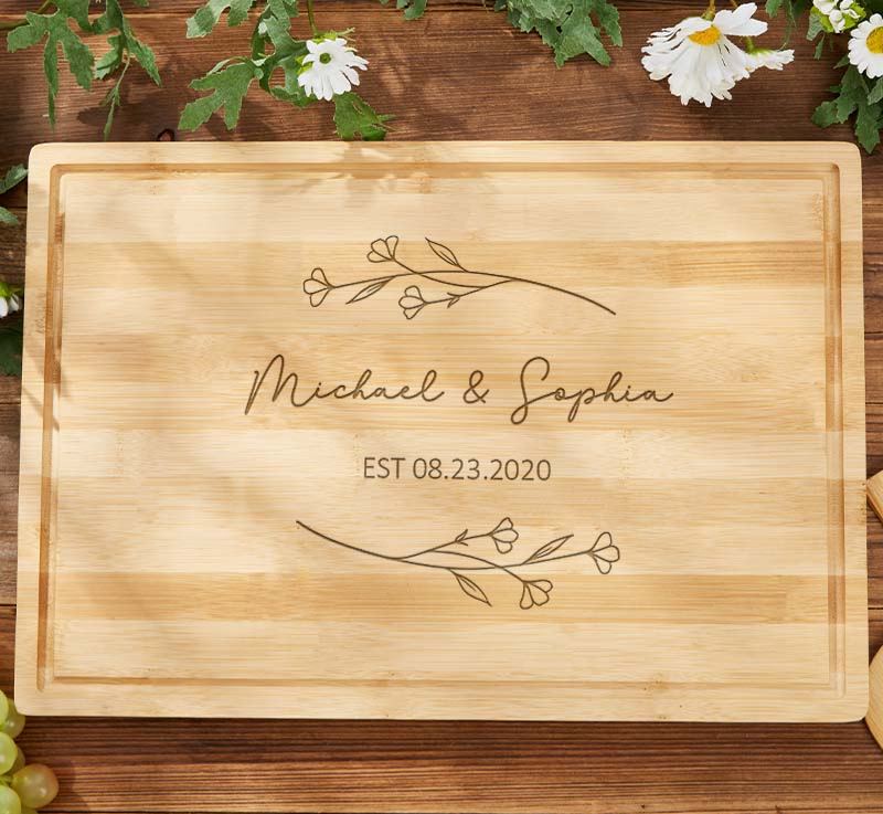 Personalized Couple Wooden Anniversary Cutting Board Husband Wife Wedding Anniversary Bamboo Cutting Board Minimalist Floral Design Cutting Board