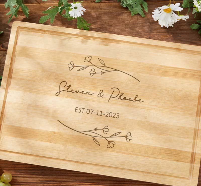 Personalized Couple Wooden Anniversary Cutting Board Husband Wife Wedding Anniversary Bamboo Cutting Board Minimalist Floral Design Cutting Board