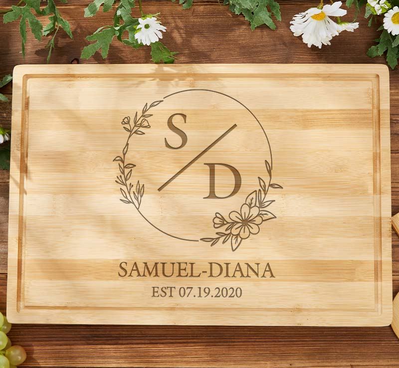 Personalized Couple 5th Anniversary Cutting Board Wooden Anniversary Bamboo Cutting Board Husband Wife Floral Monogram Design Cutting Board