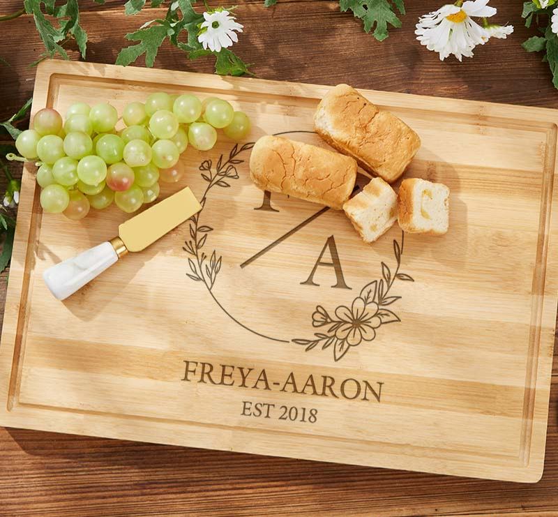 Personalized Couple 5th Anniversary Cutting Board Wooden Anniversary Bamboo Cutting Board Husband Wife Floral Monogram Design Cutting Board