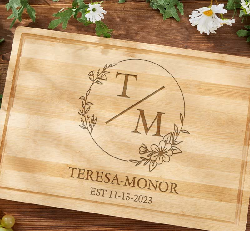 Personalized Couple 5th Anniversary Cutting Board Wooden Anniversary Bamboo Cutting Board Husband Wife Floral Monogram Design Cutting Board