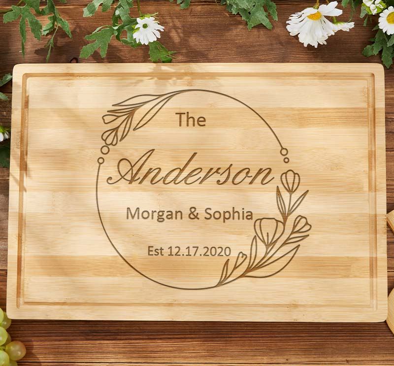 Personalized Couple Anniversary Cutting Board Husband Wife Wooden Anniversary Cutting Board Bamboo Floral Circle Design Cutting Board