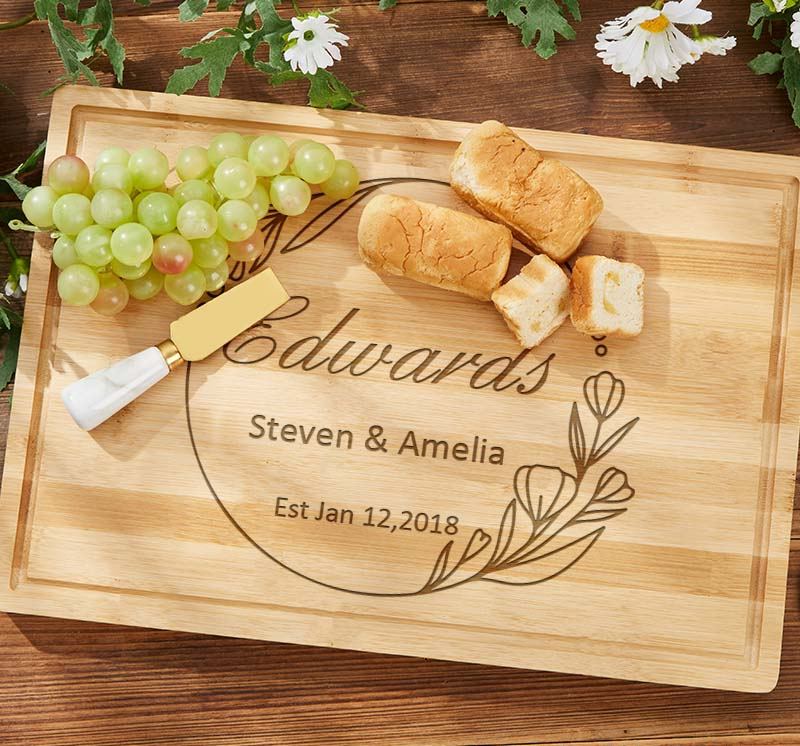 Personalized Couple Anniversary Cutting Board Husband Wife Wooden Anniversary Cutting Board Bamboo Floral Circle Design Cutting Board