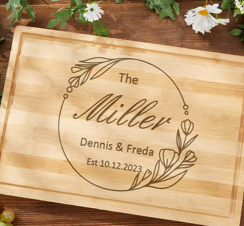 Personalized Couple Anniversary Cutting Board Husband Wife Wooden Anniversary Cutting Board Bamboo Floral Circle Design Cutting Board