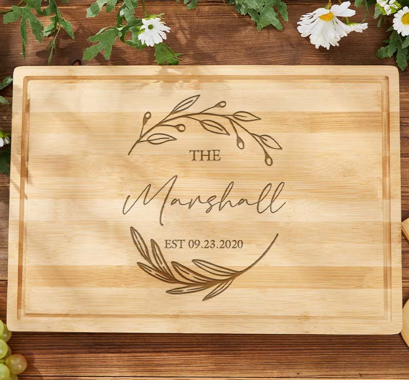 Personalized Anniversary Cutting Board Rustic Bamboo Cutting Board for Husband Wife Leaf Wreath Design Anniversary Cutting Board