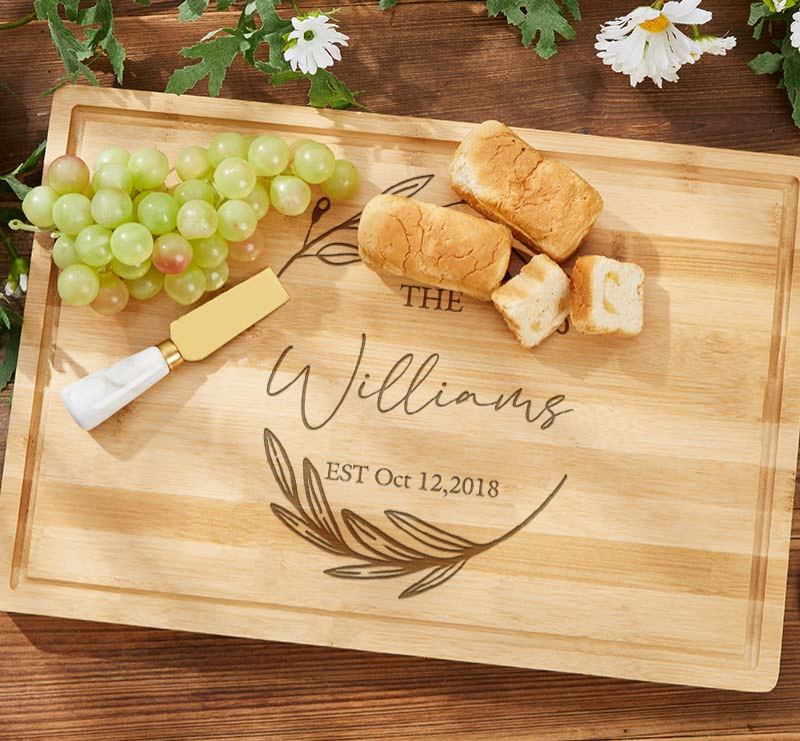 Personalized Anniversary Cutting Board Rustic Bamboo Cutting Board for Husband Wife Leaf Wreath Design Anniversary Cutting Board