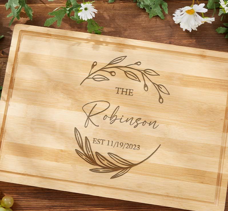 Personalized Anniversary Cutting Board Rustic Bamboo Cutting Board for Husband Wife Leaf Wreath Design Anniversary Cutting Board