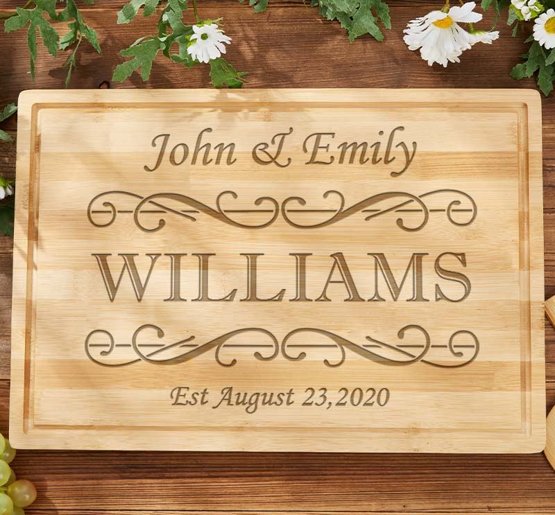 Personalized Couple Anniversary Cutting Board Wedding Anniversary Bamboo Cutting Board Elegant Scroll Design Cutting Board
