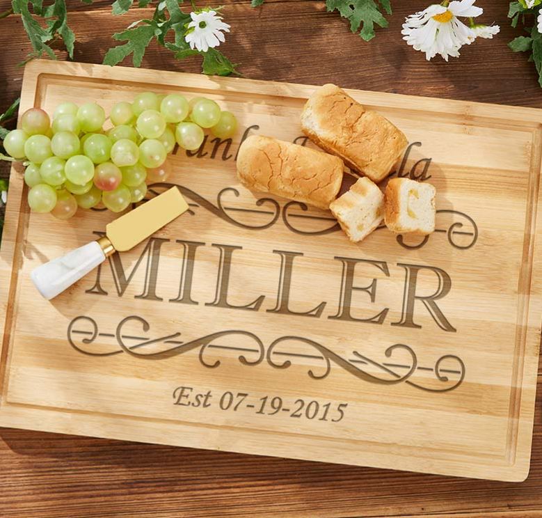 Personalized Couple Anniversary Cutting Board Wedding Anniversary Bamboo Cutting Board Elegant Scroll Design Cutting Board
