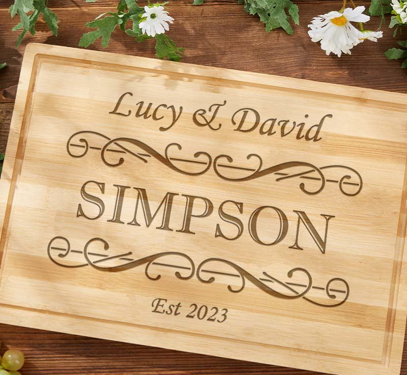 Personalized Couple Anniversary Cutting Board Wedding Anniversary Bamboo Cutting Board Elegant Scroll Design Cutting Board