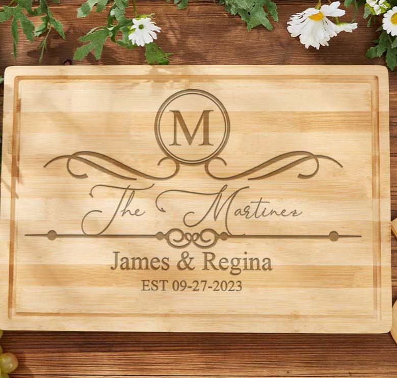 Personalized Bamboo Couple Anniversary Cutting Board Husband Wife Wedding Anniversary Cutting Board Vintage Monogram Design Cutting Board