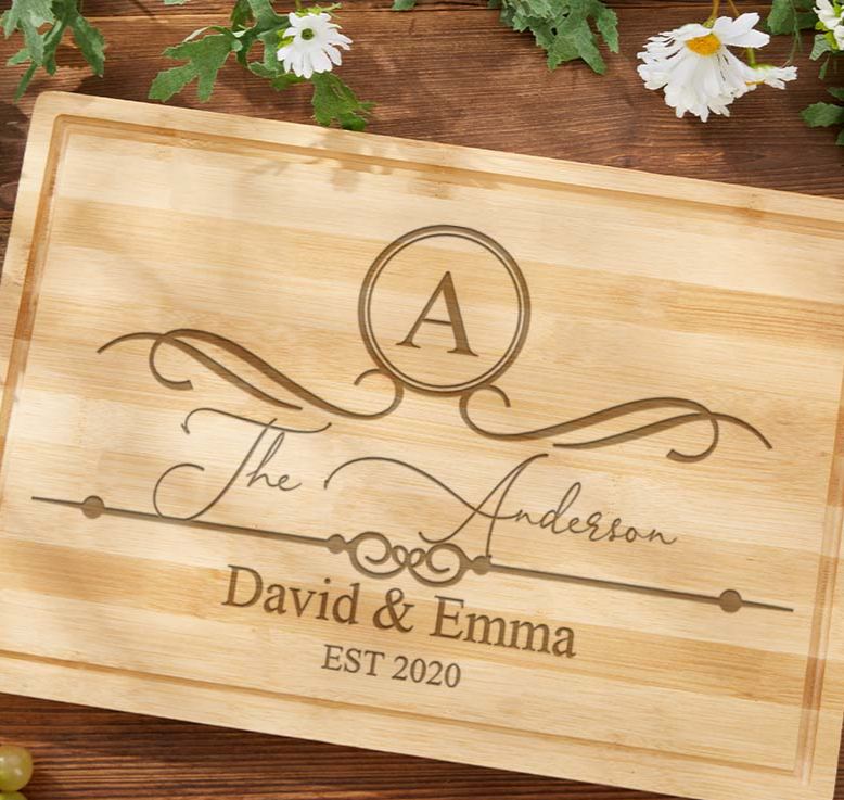 Personalized Bamboo Couple Anniversary Cutting Board Husband Wife Wedding Anniversary Cutting Board Vintage Monogram Design Cutting Board