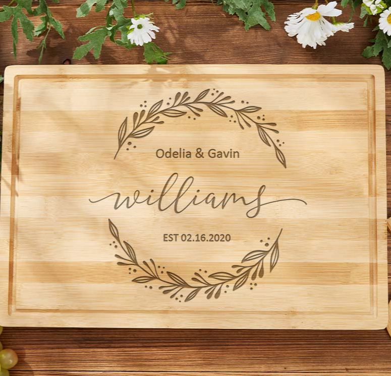 Personalized Couple Anniversary Cutting Board Engraved Bamboo Cutting Board for Husband Wife Anniversary Elegant Leaf Wreath Design Cutting Board
