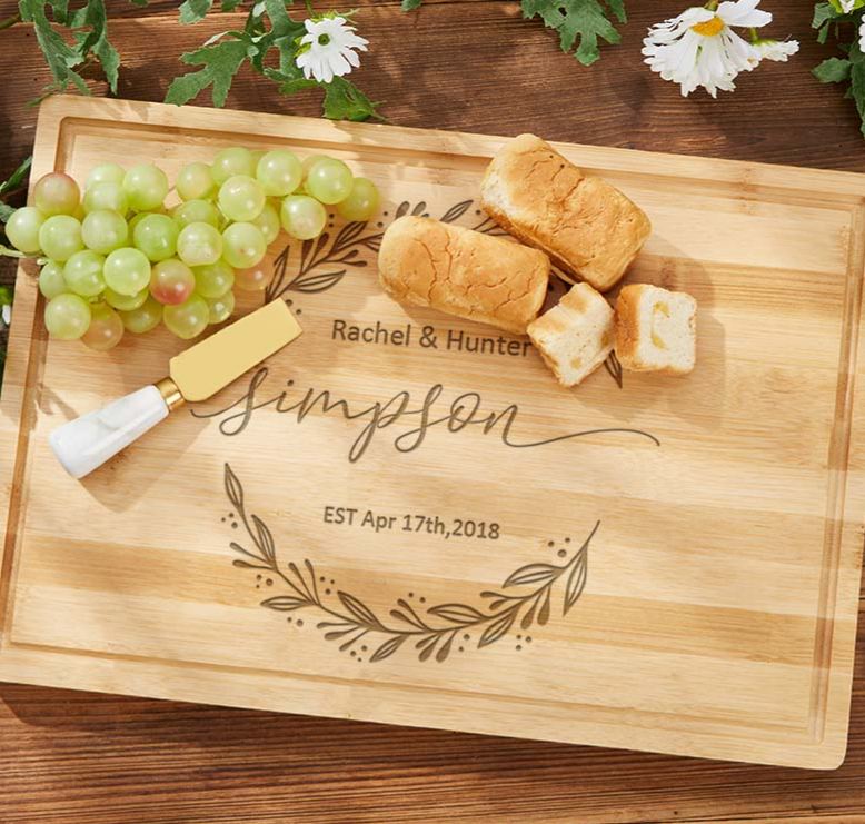 Personalized Couple Anniversary Cutting Board Engraved Bamboo Cutting Board for Husband Wife Anniversary Elegant Leaf Wreath Design Cutting Board