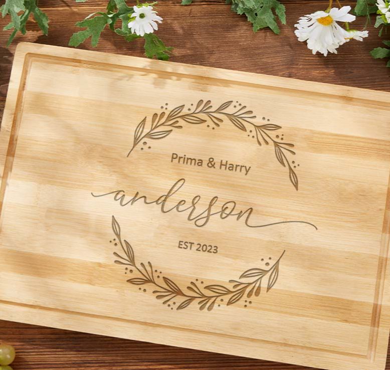 Personalized Couple Anniversary Cutting Board Engraved Bamboo Cutting Board for Husband Wife Anniversary Elegant Leaf Wreath Design Cutting Board