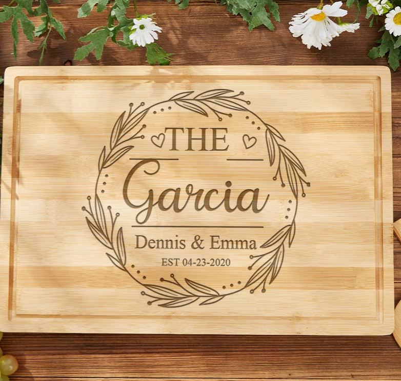 Personalized Anniversary Cutting Board Engraved Bamboo Cutting Board for Husband Wife Rustic Wreath Design Cutting Board for Him Her