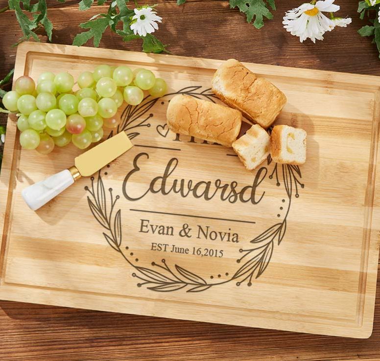 Personalized Anniversary Cutting Board Engraved Bamboo Cutting Board for Husband Wife Rustic Wreath Design Cutting Board for Him Her