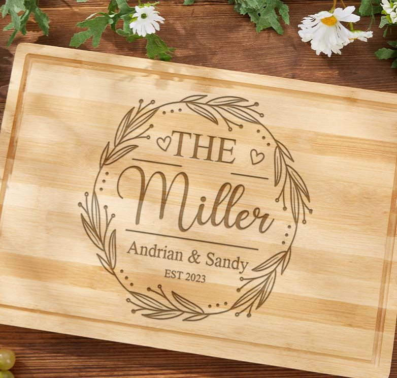 Personalized Anniversary Cutting Board Engraved Bamboo Cutting Board for Husband Wife Rustic Wreath Design Cutting Board for Him Her