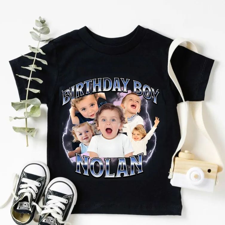 Personalized Birthday Boy Kids T-Shirt with Fun Character Kids Photo and Name for a Memorable Celebration