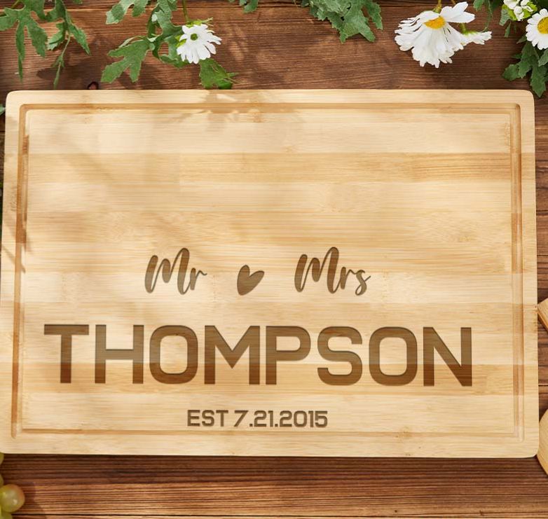 Personalized Bamboo Couple Cutting Board Mr. and Mrs. Heart Design Anniversary Cutting Board Couple Named Cutting Board for Anniversary