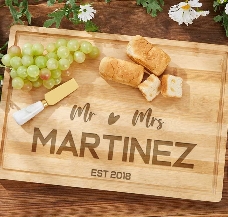 Personalized Bamboo Couple Cutting Board Mr. and Mrs. Heart Design Anniversary Cutting Board Couple Named Cutting Board for Anniversary