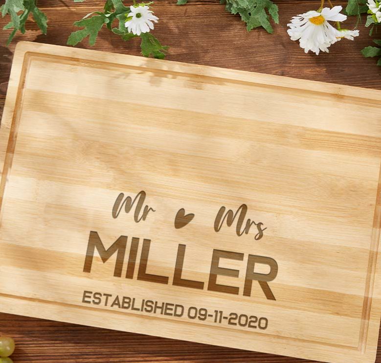 Personalized Bamboo Couple Cutting Board Mr. and Mrs. Heart Design Anniversary Cutting Board Couple Named Cutting Board for Anniversary
