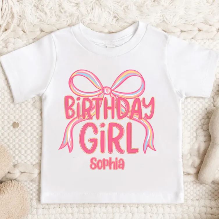Personalized Birthday Girl Kids T-Shirt with Pink Bow and Bold Lettering for a Stylish Celebration
