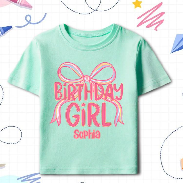 Personalized Birthday Girl Kids T-Shirt with Pink Bow and Bold Lettering for a Stylish Celebration