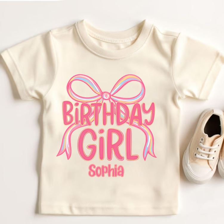 Personalized Birthday Girl Kids T-Shirt with Pink Bow and Bold Lettering for a Stylish Celebration