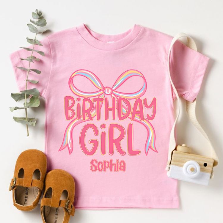 Personalized Birthday Girl Kids T-Shirt with Pink Bow and Bold Lettering for a Stylish Celebration