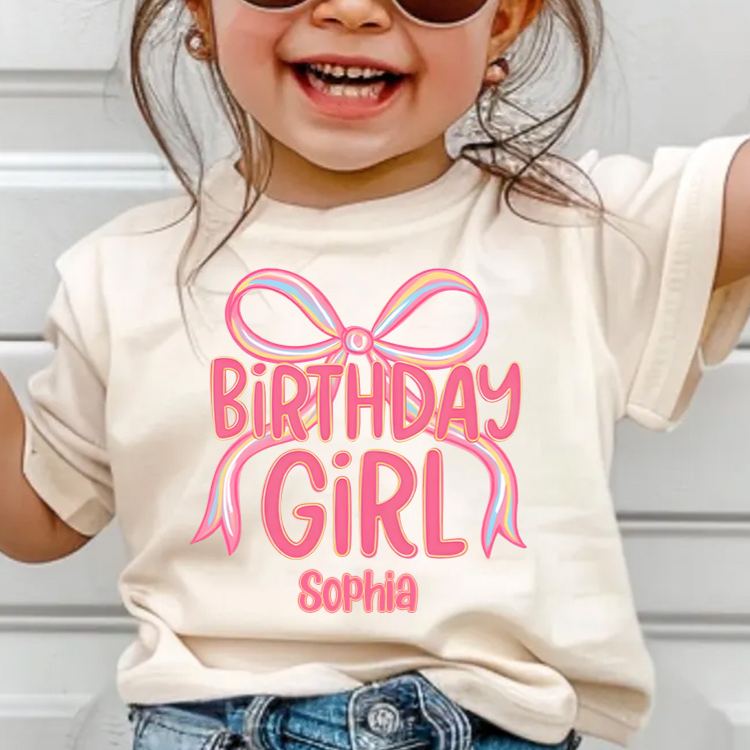 Personalized Birthday Girl Kids T-Shirt with Pink Bow and Bold Lettering for a Stylish Celebration
