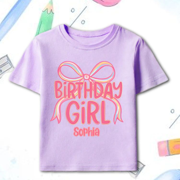 Personalized Birthday Girl Kids T-Shirt with Pink Bow and Bold Lettering for a Stylish Celebration