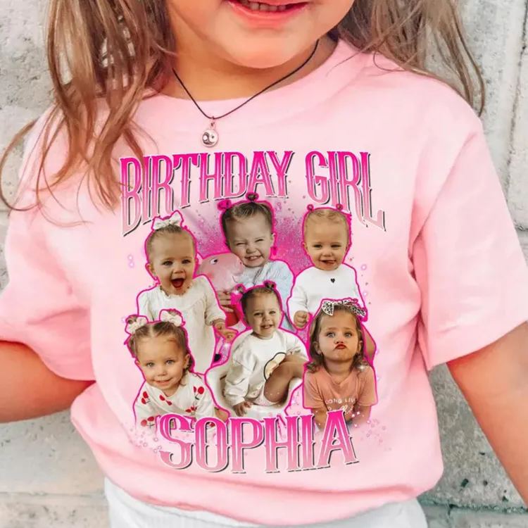 Personalized Name and Kids Birthday Photo Shirt Featuring Adorable Characters and Pink Theme for Birthday Fun