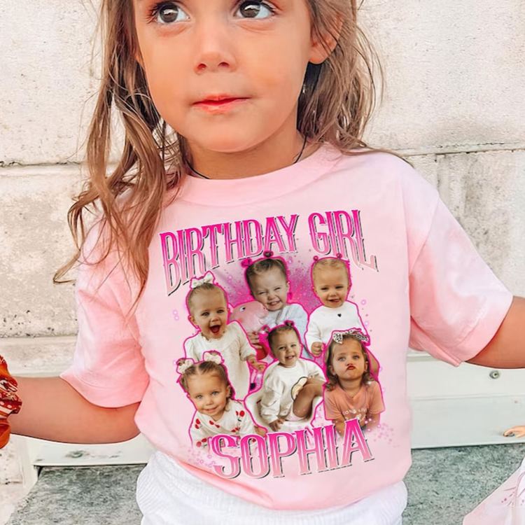 Personalized Name and Kids Birthday Photo Shirt Featuring Adorable Characters and Pink Theme for Birthday Fun