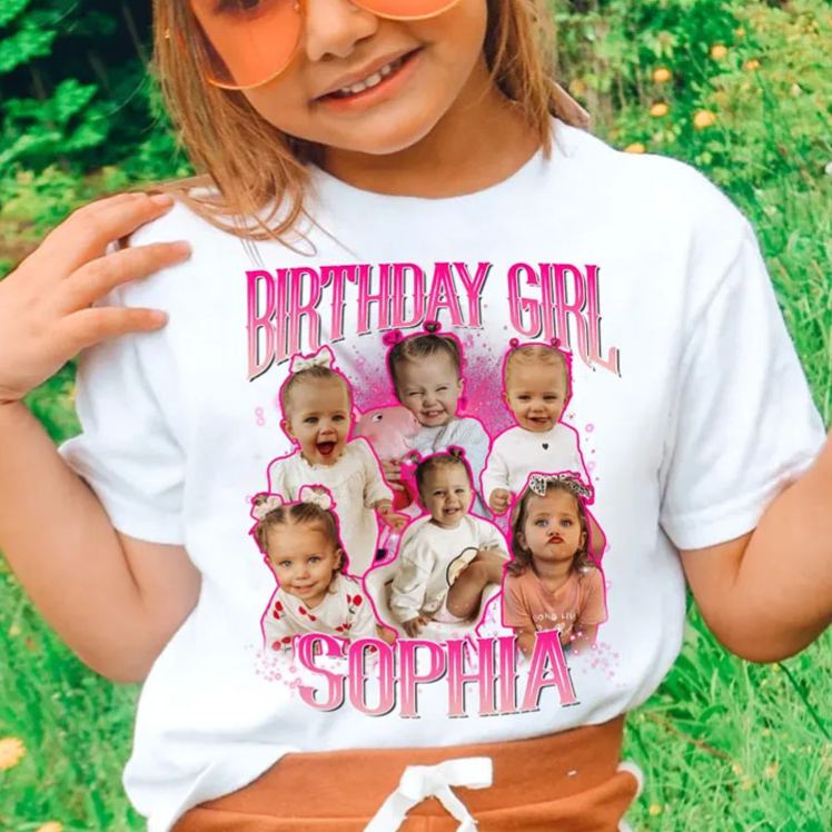 Personalized Name and Kids Birthday Photo Shirt Featuring Adorable Characters and Pink Theme for Birthday Fun