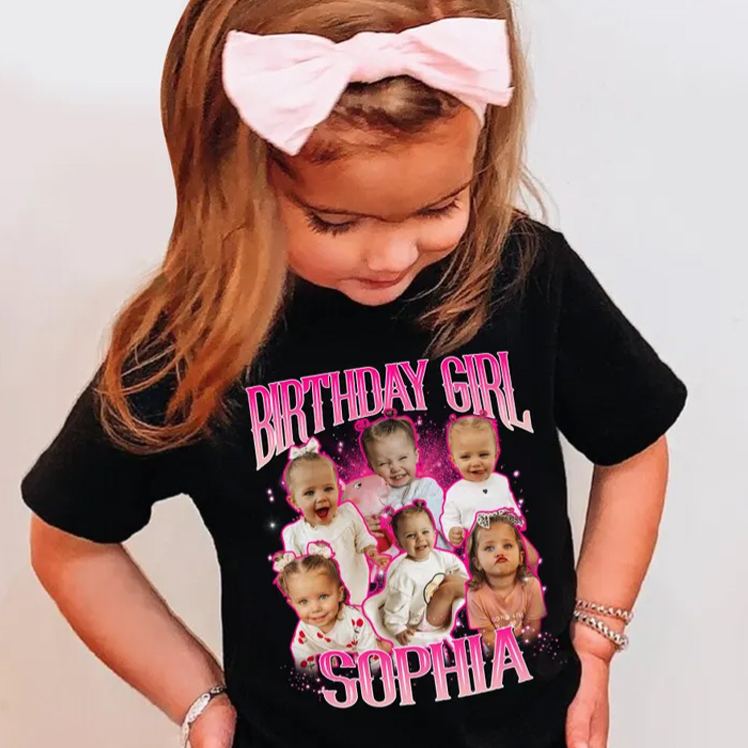 Personalized Name and Kids Birthday Photo Shirt Featuring Adorable Characters and Pink Theme for Birthday Fun
