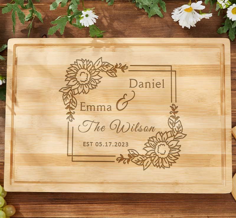 Personalized Couple Cutting Board Engraved Bamboo Floral Square Frame Design Cutting Board with Couple Name Wedding Anniversary Gift Board